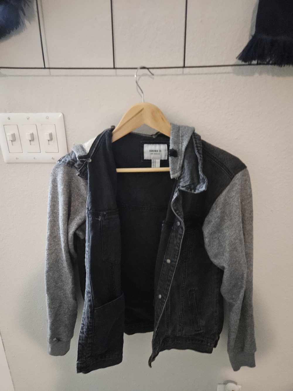 Forever 21 Black Denim Jean Jacket with Gray Knit Sleeves